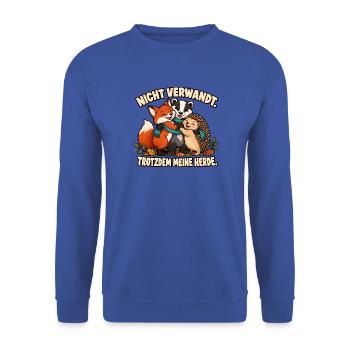 Nicht verwandt – Trotzdem meine Herde - Unisex Pullover - Royalblau - Vorne - Alina (178cm) & Michal (187cm)