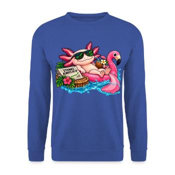 Axolotl im Pool – Stonks Börsen Humor - Unisex Pullover - Royalblau - Vorne - Alina (178cm) & Michal (187cm)