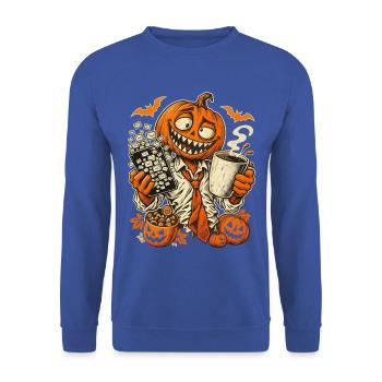 Halloween-Kürbisbürohengst im E-Mail-Chaos - Unisex Pullover - Royalblau - Vorne - Alina (178cm) & Michal (187cm)