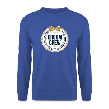 Bräutigam Crew T-Shirt — Junggesellenabschieds-Trauzeugen - Unisex Pullover - Royalblau - Vorne - Alina (178cm) & Michal (187cm)