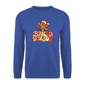 Baked with Joy Lebkuchenmann Weihnachten Retro - Unisex Pullover - Royalblau - Vorne - Alina (178cm) & Michal (187cm)
