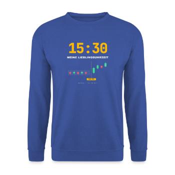 15:30 Meine Lieblingsuhrzeit – Trader Shirt - Unisex Pullover - Royalblau - Vorne - Alina (178cm) & Michal (187cm)