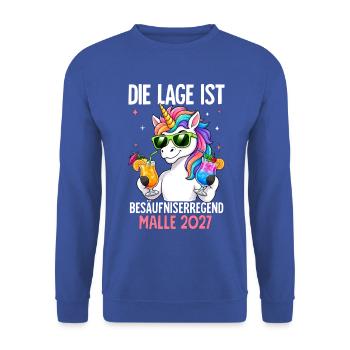  Die Lage Ist Besäufniserregend mit Einhorn Malle - Unisex Pullover - Royalblau - Vorne - Alina (178cm) & Michal (187cm)
