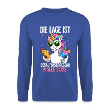  Die Lage Ist Besäufniserregend mit Einhorn Malle - Unisex Pullover - Royalblau - Vorne - Alina (178cm) & Michal (187cm)