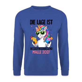  Die Lage Ist Besäufniserregend mit Einhorn Malle - Unisex Pullover - Royalblau - Vorne - Alina (178cm) & Michal (187cm)