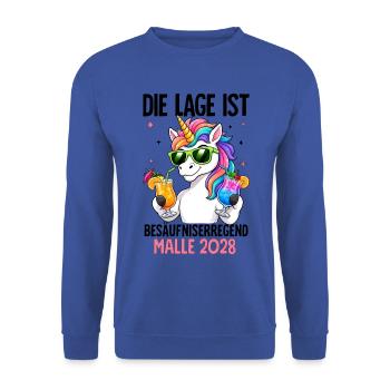  Die Lage Ist Besäufniserregend mit Einhorn Malle - Unisex Pullover - Royalblau - Vorne - Alina (178cm) & Michal (187cm)