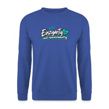 Einzigartig: Nicht Reparaturbedürftig - Unisex Pullover - Royalblau - Vorne - Alina (178cm) & Michal (187cm)