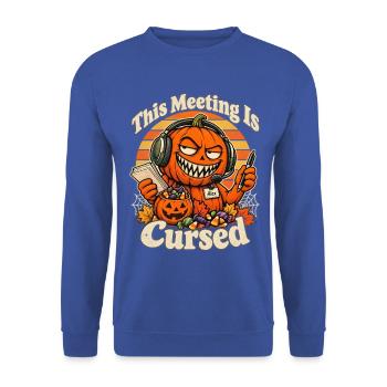 Halloween Kürbis This Meeting Is Cursed Bürospaß - Unisex Pullover - Royalblau - Vorne - Alina (178cm) & Michal (187cm)