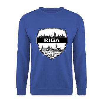 Riga, Lettlands Schildwappen Haus der Schwarzen Köpfe - Unisex Pullover - Royalblau - Vorne - Alina (178cm) & Michal (187cm)