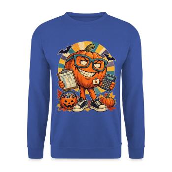 Halloween-Kürbis Buchhalter Retro-Büro-Nerd - Unisex Pullover - Royalblau - Vorne - Alina (178cm) & Michal (187cm)