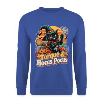 Halloween Katzen-Hexe mit Schraubenschlüssel - Unisex Pullover - Royalblau - Vorne - Alina (178cm) & Michal (187cm)