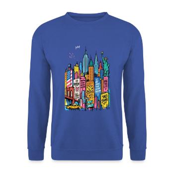 NYC Graffiti-Wolkenkratzer - Unisex Pullover - Royalblau - Vorne - Alina (178cm) & Michal (187cm)