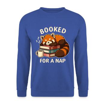 Für ein Nickerchen gebucht – Red Panda and Books - Unisex Pullover - Royalblau - Vorne - Alina (178cm) & Michal (187cm)