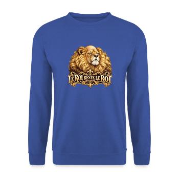 Der König bleibt der König – Königlicher Weißkopf-Löwe - Unisex Pullover - Royalblau - Vorne - Alina (178cm) & Michal (187cm)