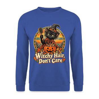 Halloween Hexenkatze Witchy Hair Spruch - Unisex Pullover - Royalblau - Vorne - Alina (178cm) & Michal (187cm)