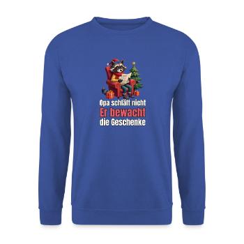 Waschbär-Opa bewacht die Geschenke - Unisex Pullover - Royalblau - Vorne - Alina (178cm) & Michal (187cm)