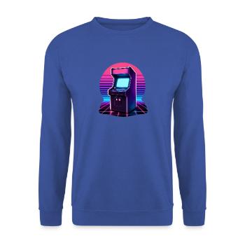 Retro Arcade Automaten Synthwave Neon Grid T-Shirt - Unisex Pullover - Royalblau - Vorne - Alina (178cm) & Michal (187cm)