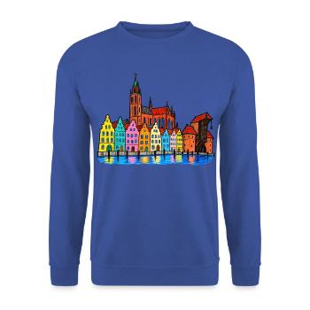 Danzig Skyline – Bunte Hafenstadt im Wachsmalstil - Unisex Pullover - Royalblau - Vorne - Alina (178cm) & Michal (187cm)