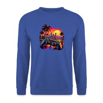 Sonnenuntergang mit Gamecontroller - Gamer Motiv - Unisex Pullover - Royalblau - Vorne - Alina (178cm) & Michal (187cm)
