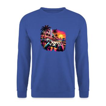 Miami Skyline Gamer Motiv - Geschenk für Gamer - Unisex Pullover - Royalblau - Vorne - Alina (178cm) & Michal (187cm)
