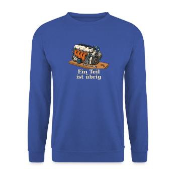 Ein Teil ist übrig – Schrauberhumor - Unisex Pullover - Royalblau - Vorne - Alina (178cm) & Michal (187cm)