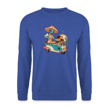 Außerirdischer Pizzabäcker im Retro-Foodtruck - Unisex Pullover - Royalblau - Vorne - Alina (178cm) & Michal (187cm)