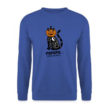 Pspsps oder Saures – Schwarze Katze Halloween - Unisex Pullover - Royalblau - Vorne - Alina (178cm) & Michal (187cm)