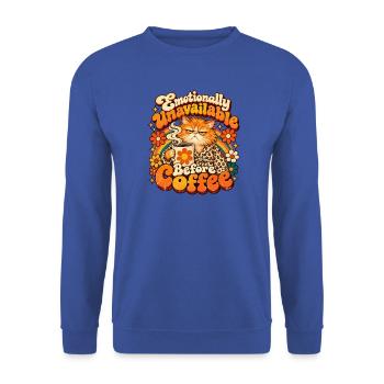 Kaffee-Katze: Emotional Unverfügbar - Unisex Pullover - Royalblau - Vorne - Alina (178cm) & Michal (187cm)