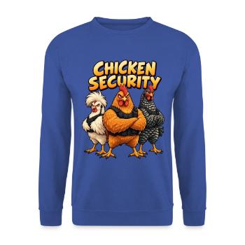 Hühner Security Team im Comicstil - Unisex Pullover - Royalblau - Vorne - Alina (178cm) & Michal (187cm)