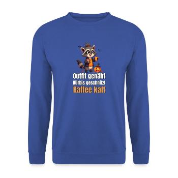 Outfit genäht, Kürbis geschnitzt, Kaffee kalt - Unisex Pullover - Royalblau - Vorne - Alina (178cm) & Michal (187cm)