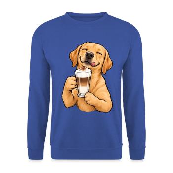 Labrador mit Latte Macchiato – Kaffeepause - Unisex Pullover - Royalblau - Vorne - Alina (178cm) & Michal (187cm)