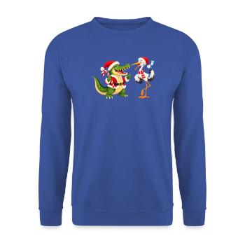 Weihnachtliches Krokodil mit Zahnbürste und Vogel - Unisex Pullover - Royalblau - Vorne - Alina (178cm) & Michal (187cm)