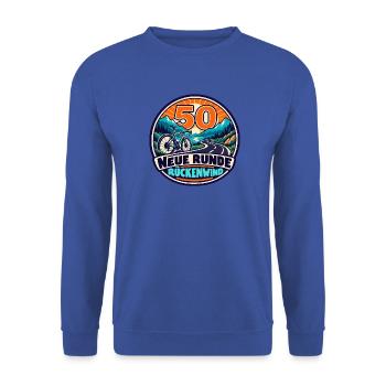 50 Geburtstag – Neue Runde, Rückenwind - Unisex Pullover - Royalblau - Vorne - Alina (178cm) & Michal (187cm)