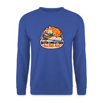Lesekatze – Seiten umblättern, Alltag aus - Unisex Pullover - Royalblau - Vorne - Alina (178cm) & Michal (187cm)
