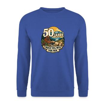 50 Jahre Abenteuerweg - Unisex Pullover - Royalblau - Vorne - Alina (178cm) & Michal (187cm)