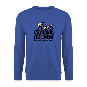 Es geht unvermeidlich nach oben – Humor Transhumanz Montagne - Unisex Pullover - Royalblau - Vorne - Alina (178cm) & Michal (187cm)