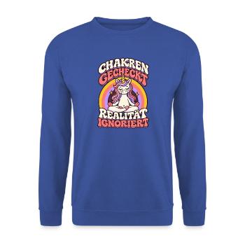 Yoga Einhorn – Chakren gecheckt - Unisex Pullover - Royalblau - Vorne - Alina (178cm) & Michal (187cm)