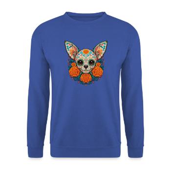 Chihuahua-Zuckerschädel – Tag der Toten, Chi Dad - Unisex Pullover - Royalblau - Vorne - Alina (178cm) & Michal (187cm)