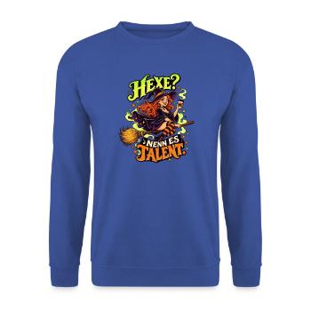 Hexe Talent: Kaffeewitch auf Besen - Unisex Pullover - Royalblau - Vorne - Alina (178cm) & Michal (187cm)