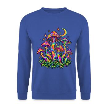 Bunte Pilze mit Mond und Sternen – Retro Design - Unisex Pullover - Royalblau - Vorne - Alina (178cm) & Michal (187cm)