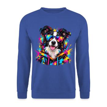 Border Collie mit Kopfhörern – Neon Graffiti - Unisex Pullover - Royalblau - Vorne - Alina (178cm) & Michal (187cm)