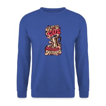 Ich bin aus Kaffee und schlechten Entscheidungen gemacht - Unisex Pullover - Royalblau - Vorne - Alina (178cm) & Michal (187cm)