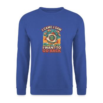 I Want To Go Back Alien UFO Retro Druck - Unisex Pullover - Royalblau - Vorne - Alina (178cm) & Michal (187cm)