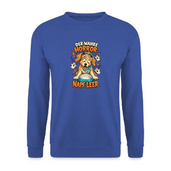 Der wahre Horror: Napf leer. – Lustiger Comic-Hund - Unisex Pullover - Royalblau - Vorne - Alina (178cm) & Michal (187cm)