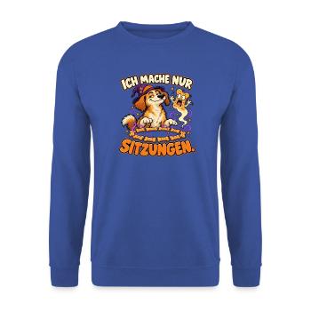 Ich mache nur Sitzungen – Halloween Comic-Hund - Unisex Pullover - Royalblau - Vorne - Alina (178cm) & Michal (187cm)
