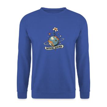 Planet mit Blume – Nichts Ernst - Unisex Pullover - Royalblau - Vorne - Alina (178cm) & Michal (187cm)