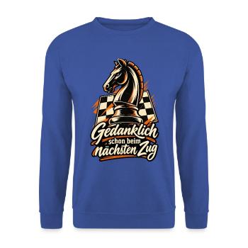 Schach Shirt mit Springer Gedanklich schon beim .. - Unisex Pullover - Royalblau - Vorne - Alina (178cm) & Michal (187cm)