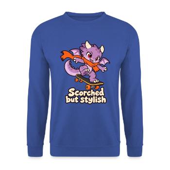 Verbrannt, aber stilvoll – Skateboarding Dragon - Unisex Pullover - Royalblau - Vorne - Alina (178cm) & Michal (187cm)