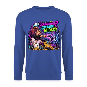 Mein Lieblingssport? Controller-Weitwurf! - Unisex Pullover - Royalblau - Vorne - Alina (178cm) & Michal (187cm)