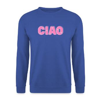 CIAO mit Blumen – Retro-Schriftzug in Pink und Min - Unisex Pullover - Royalblau - Vorne - Alina (178cm) & Michal (187cm)